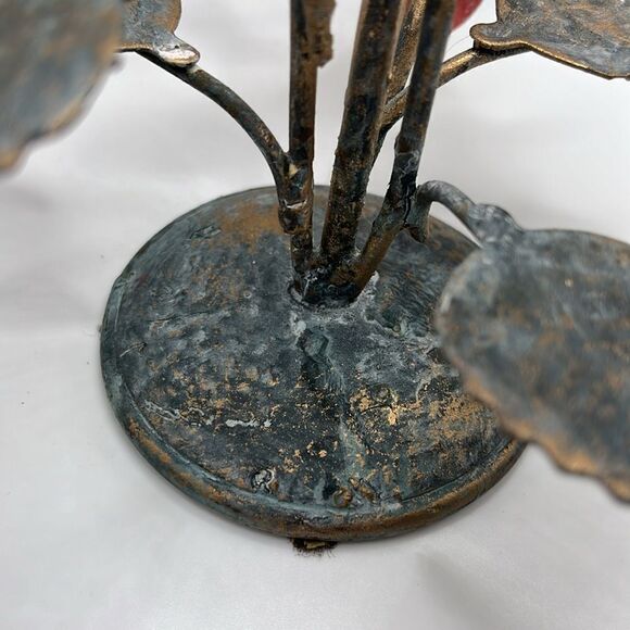 Metal Candle Holder Aged Welded Rustic Patina Pink Metallic Gold Roses w/ Leaves - Picture 14 of 17